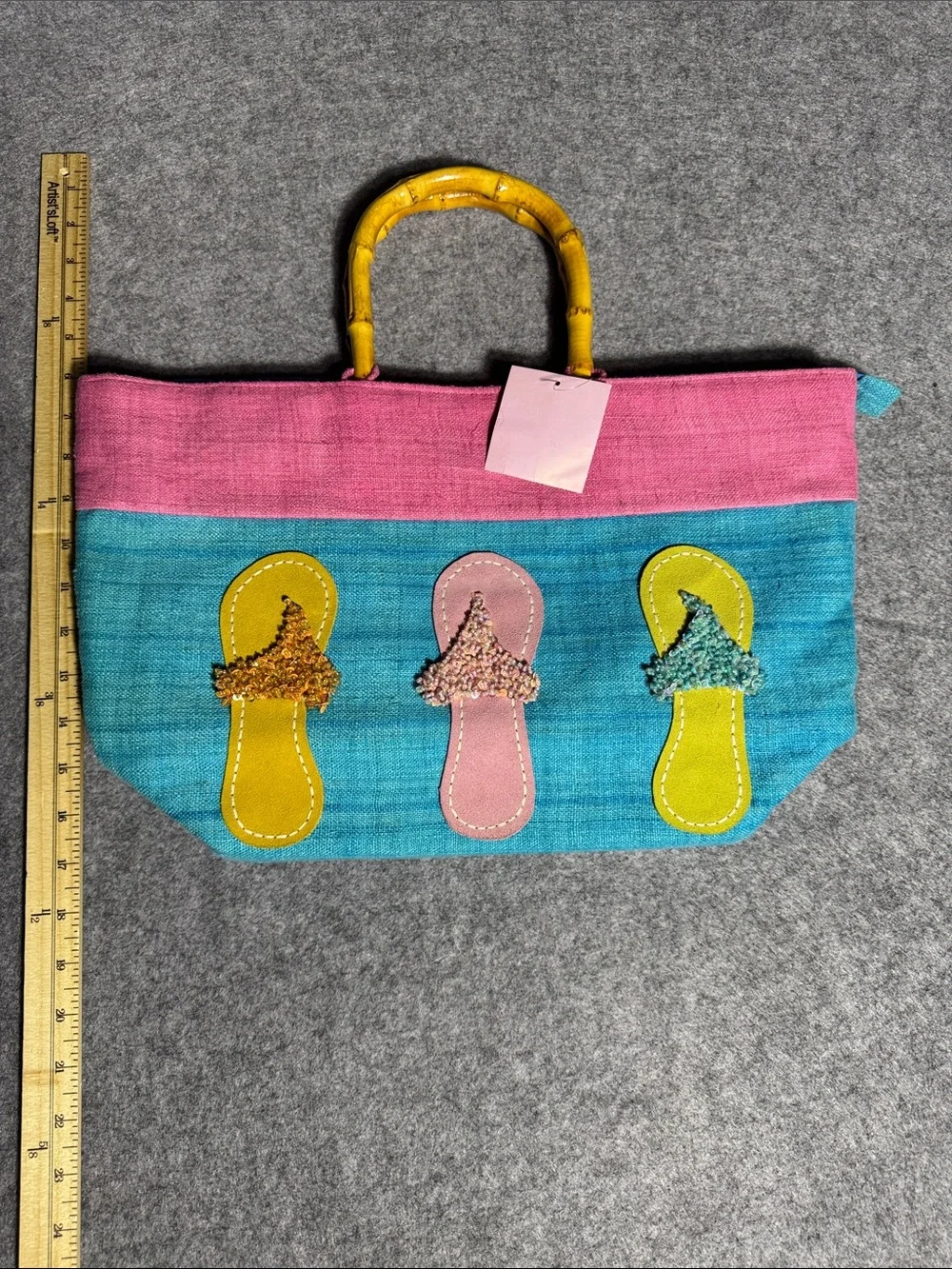 Anna Bui Gallery Handmade Tote Bag Bamboo Handles Flip Flop Appliqué